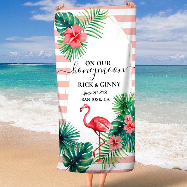 Serviette De Plage Flamingo Rose Feuilles Tropicales Rayures Lune de  (Pink Flamingo Tropical Leaves Stripes Honeymoon Beach Towel)