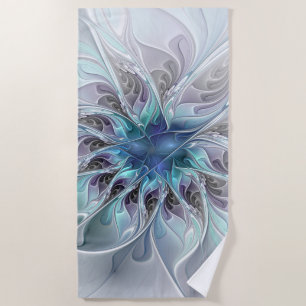 Serviette De Plage Fleur Abstraite Fractale Moderne Avec Bleu