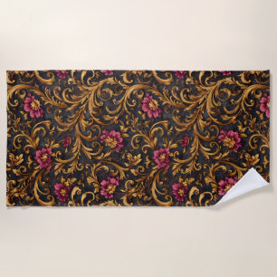 Serviette De Plage Fleur baroque foncée avec volutes dorées