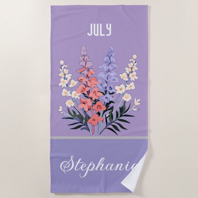 Serviette De Plage Fleur de naissance de juillet Nom personnalisé (Devant)