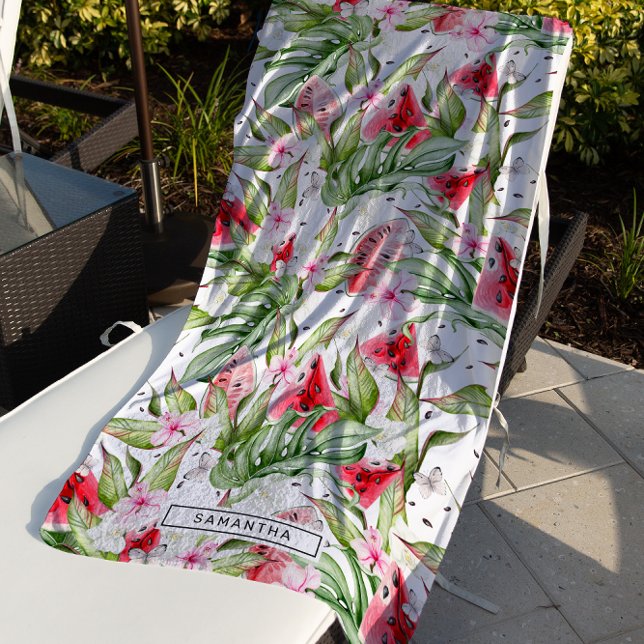 Serviette De Plage Fleur de pastèque | Monogramme d'été tropical (Créateur téléchargé)
