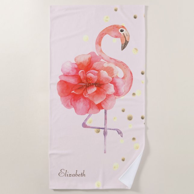 Serviette De Plage Fleur Flamant rose rose, Confetti Or (Devant)