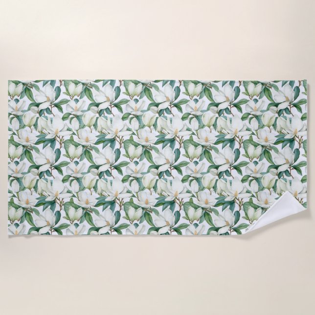 Serviette De Plage Fleur Magnolia Blanche Sans Faille Avec Feuilles V (Devant)