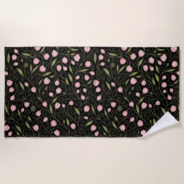 Serviette De Plage Fleur mignonne, rose sur noir avec motif répétitif (Devant)