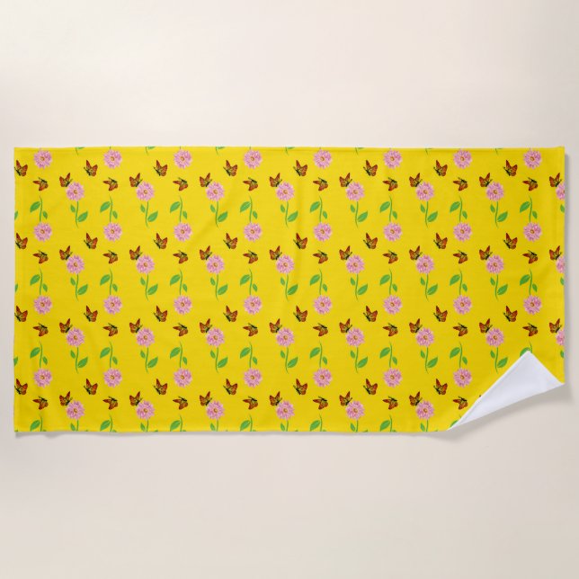 Serviette De Plage fleurs aux papillons sur un arrière - plan jaune (Devant)