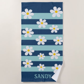 Serviette De Plage fleurs blanches et monogramme de nom à rayures ble