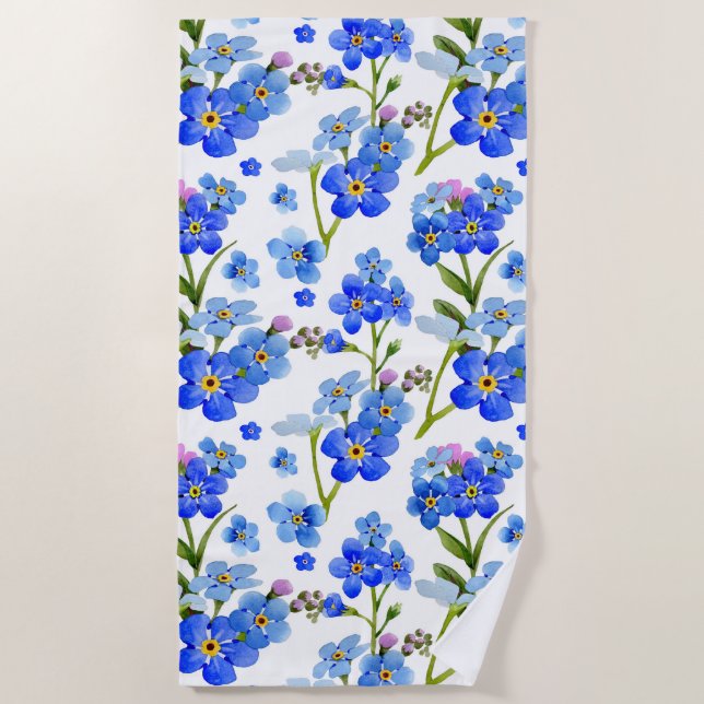 Serviette De Plage Fleurs bleues de myosotis d'aquarelle (Devant)