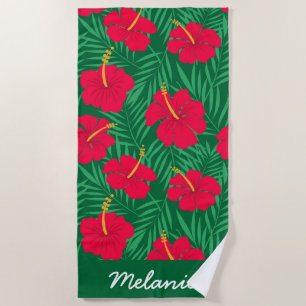 Serviette De Plage Fleurs d'Hibiscus rouges sur Feuilles tropicaux su