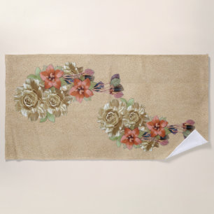 Serviette De Plage Fleurs en cuir sur daim crème