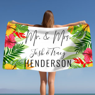 Serviette De Plage Fleurs et Feuilles tropicaux brillants M. et Mme.