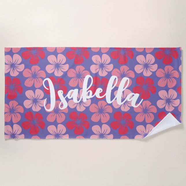Serviette De Plage Fleurs Hawaïennes violettes roses Nom personnalisé (Devant)