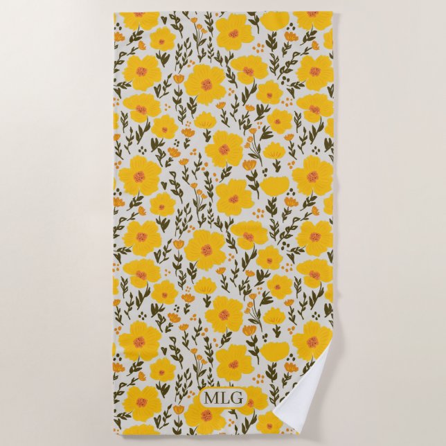 Serviette De Plage Fleurs jaunes de prairie fleurie motif & Monogramm (Devant)