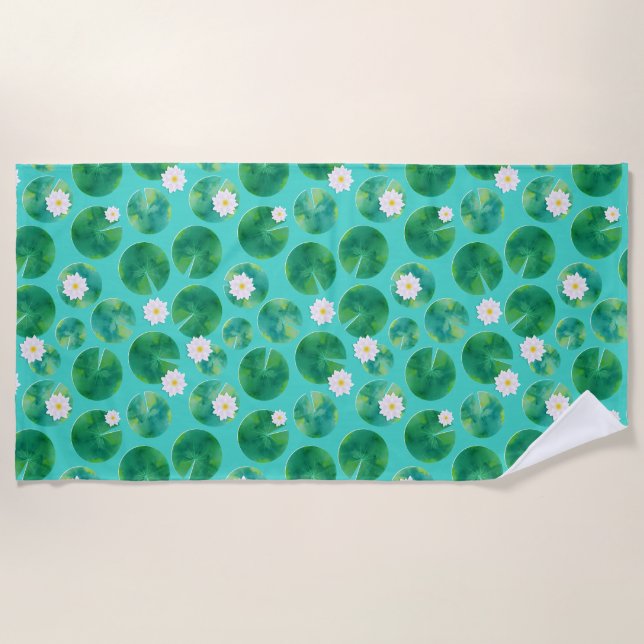 Serviette De Plage Fleurs Lys d'Eau Blanche & Motif Lily Pad (Devant)