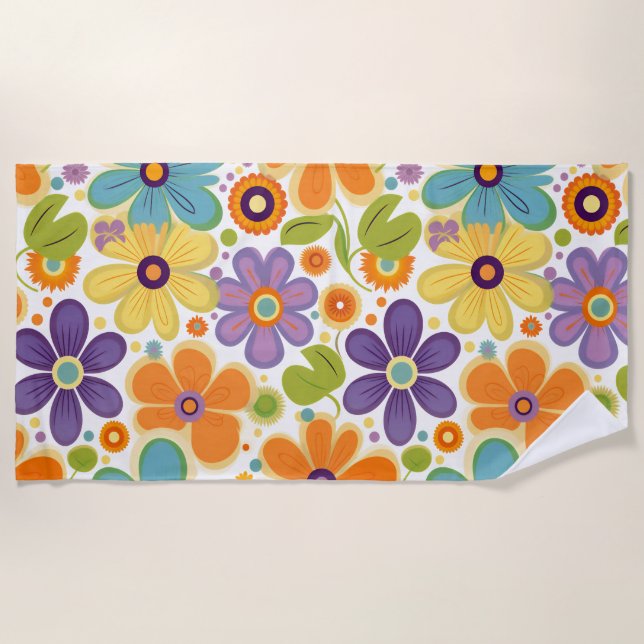 Serviette De Plage Fleurs rétro Lilac orange et vert (Devant)