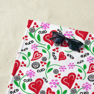 Serviette De Plage Fleurs roses des Coeurs rouges