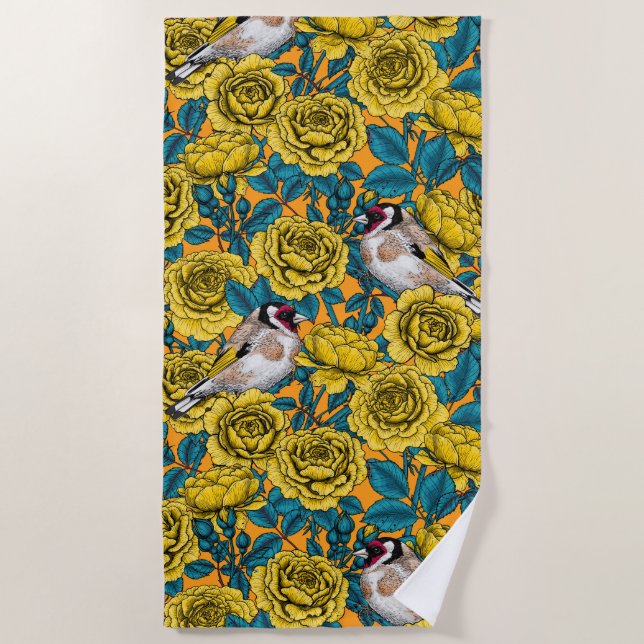 Serviette De Plage Fleurs roses et oiseaux dorés (Devant)