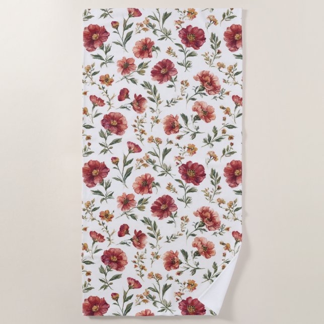 Serviette De Plage Fleurs Rouges   (Devant)