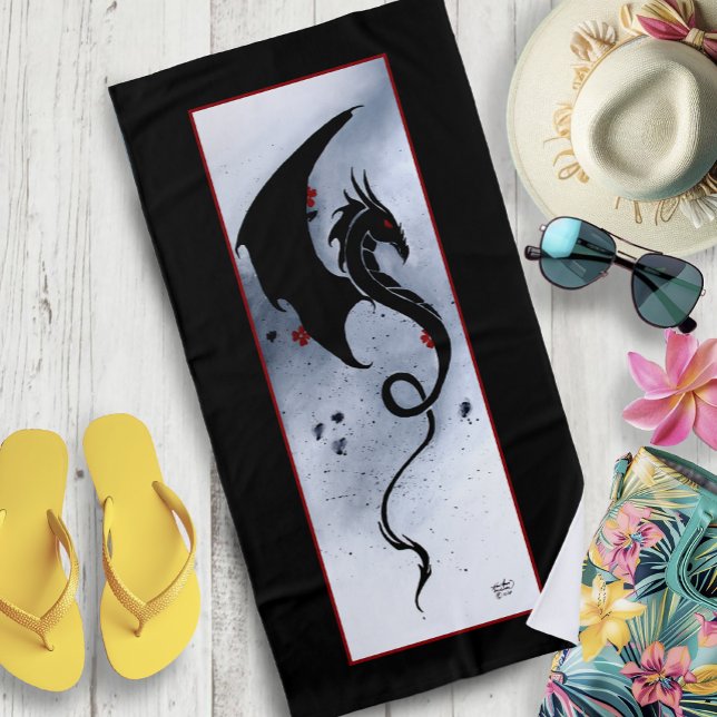Serviette De Plage Fleurs rouges bleues Dragon noir (Créateur téléchargé)