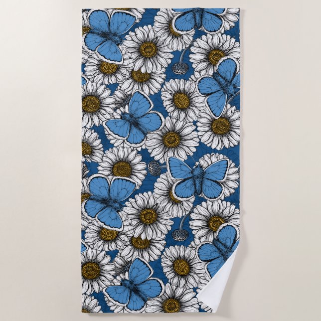 Serviette De Plage Fleurs sauvages blanches et papillons bleus (Devant)