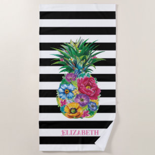 Serviette De Plage Fleurs tropicales Ananas bandes noires