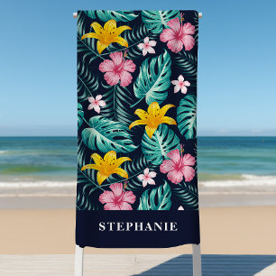 Serviette De Plage Fleurs tropicales de marine et d'hibiscus rose Flo