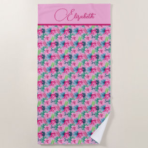 Serviette De Plage Fleurs tropicales roses vertes bleues Monogramme