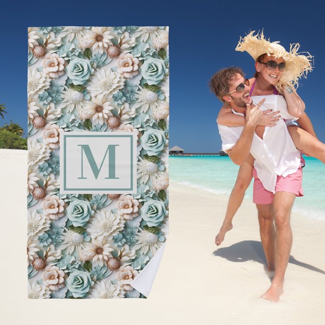 Serviette De Plage Fleurs vert pâle crème monogramme initial (Créateur téléchargé)