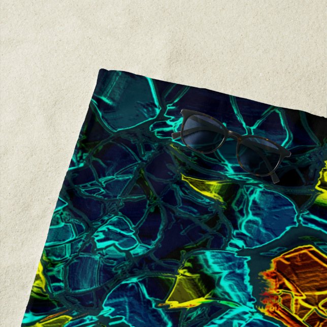 Serviette De Plage Flor virtuel em azul gradiente, estilhaçada (En situation)