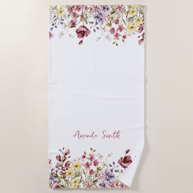 Serviette De Plage Floral Beach Towel Nom Customisé Fleurs (Devant)