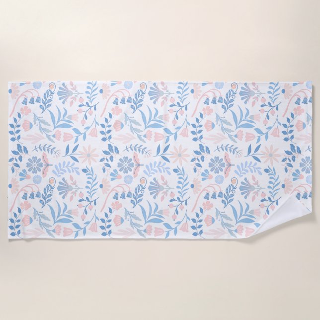 Serviette De Plage Floral design boho block print blue pink girly (Devant)