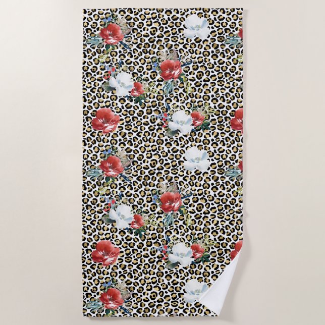 Serviette De Plage Floral Empreinte de léopard d'or (Devant)