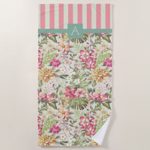 Serviette De Plage Floral et rayures hawaïennes   Monogramme