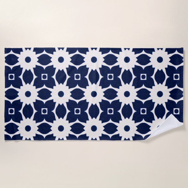 Serviette De Plage Floral géométrique bleu et blanc de la Marine (Devant)
