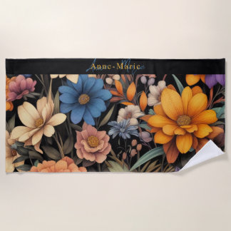 Serviette De Plage Floral rustique vintage élégant noir