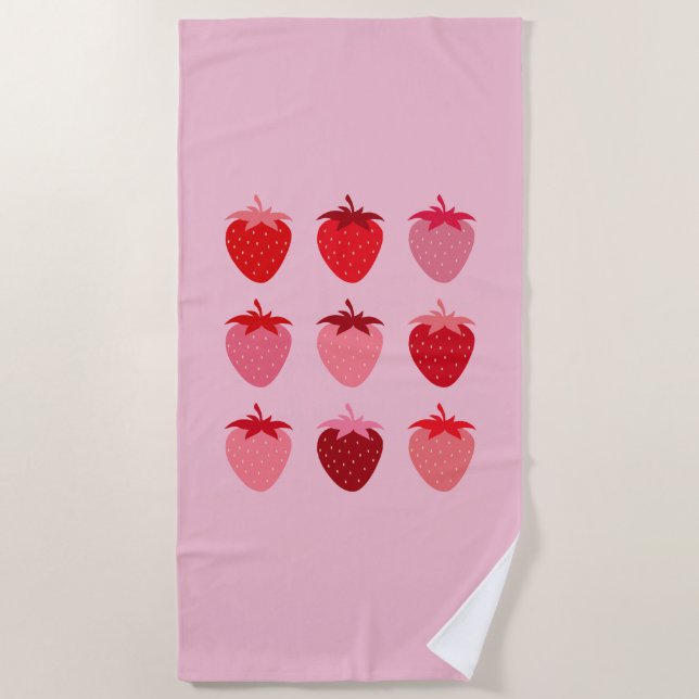 Serviette De Plage Fraises Esthétiques Roses Et Rouges Préppines (Devant)