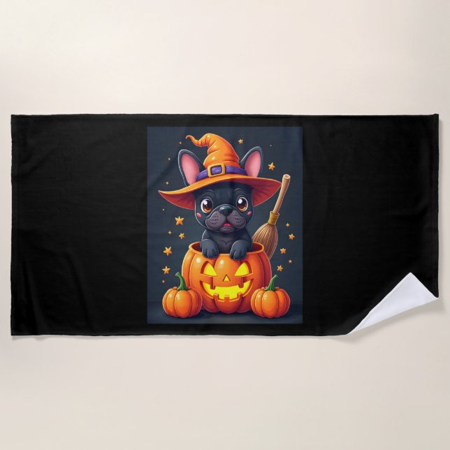 Serviette De Plage Française Bulldog sorcière Citrouille Halloween Ho (Devant)
