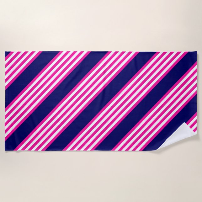 Serviette De Plage Fuchsia et blanc cinq bandes motif avec bleu (Devant)