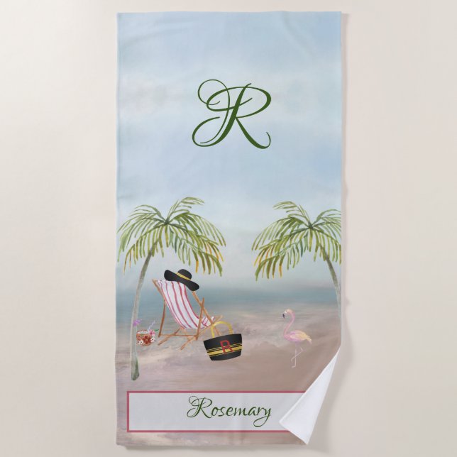 Serviette De Plage Fun Beach Scène Glam Palm Tree Monogramme Nom (Devant)