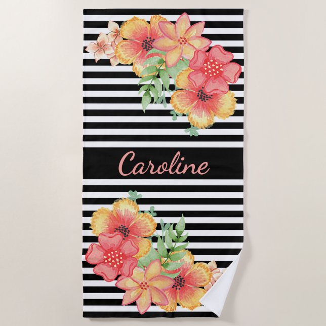 Serviette De Plage Fun Floral Aquarelle Personnalisé Cute Stripes Mot (Devant)