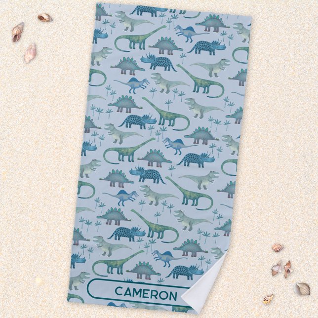 Serviette De Plage Fun Personalized Name Dinosaur Pattern (Fun prehistoric dinosaur pattern beach towel for paleontologists of all ages)