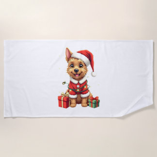 Serviette De Plage Funny Xmas Lighting Santa Border Terrier Dog Chris