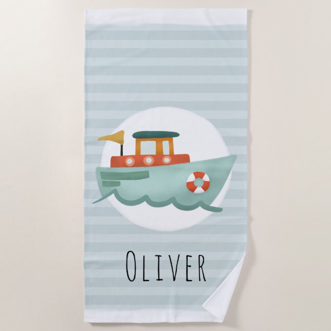 Serviette De Plage Garçons Cute and Modern Blue Boat Kids (Devant)
