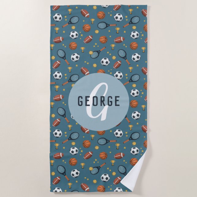 Serviette De Plage Garçons Cute Blue Sports Monogrammes Enfants (Devant)