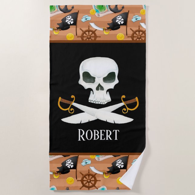 Serviette De Plage Garçons pirate crâne ajouter nom (Devant)