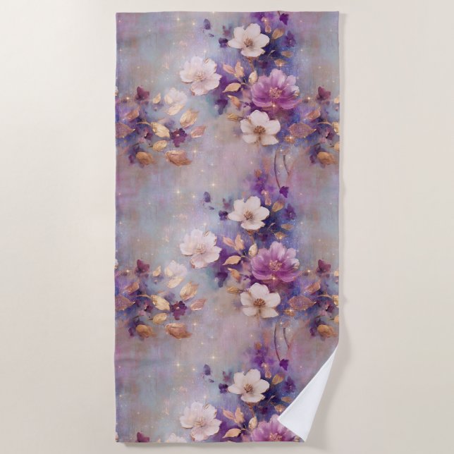 Serviette De Plage Glam blanc féminin Or violet Floral (Devant)
