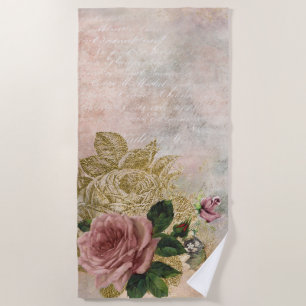 Serviette De Plage Glam Steampunk Rose rose et or Rustique Floral