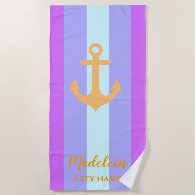 Serviette De Plage Gold Ancre Moderne Bandes Nautiques Nom personnali (Devant)