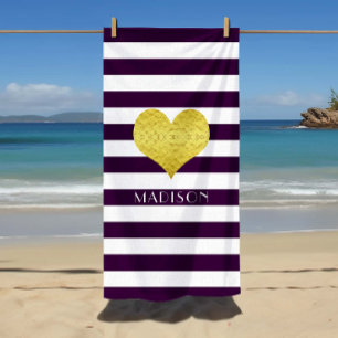 Serviette De Plage Gold Heart Name Purple Stripes Motif