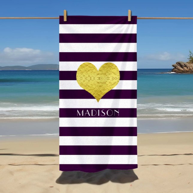 Serviette De Plage Gold Heart Name Purple Stripes Motif (Gold Heart Name Purple Stripes Pattern Beach Towel.)