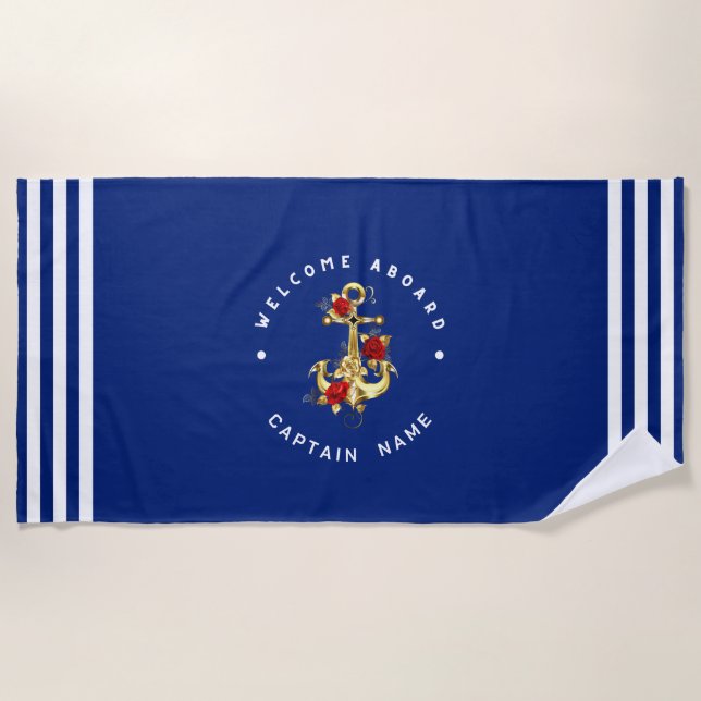 Serviette De Plage Gold Navy Ancre nautique club de yacht Rose rétro  (Devant)